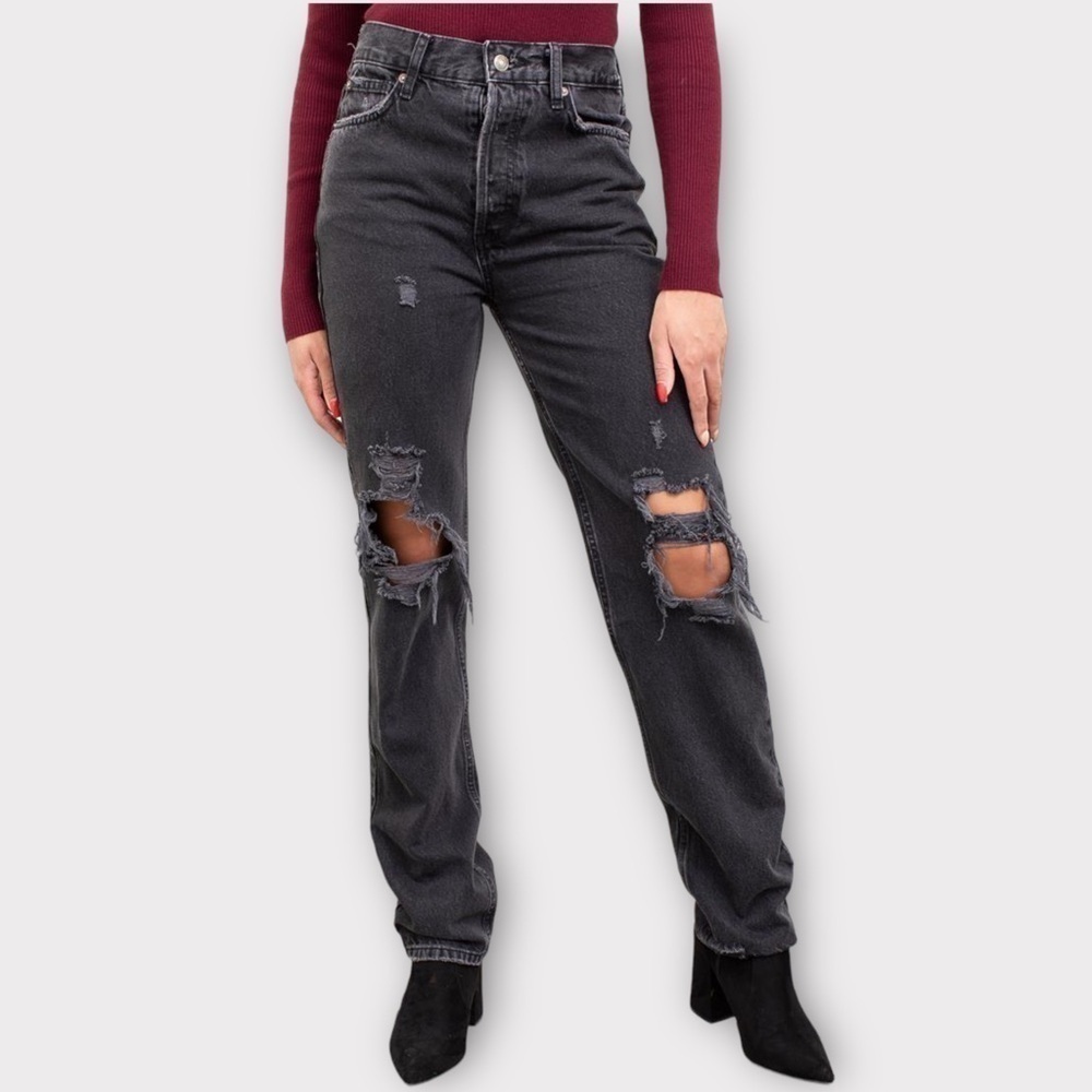 Free People The Lasso Jean Distressed Washed Black Straight Leg NWT